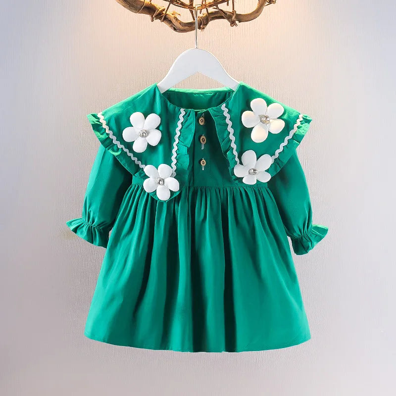 Children's Korean version Dress Spring and Autumn Fashion Girl's Pure Cotton Flower Doll Neck Dress Infant Princess Dress 0-4Y