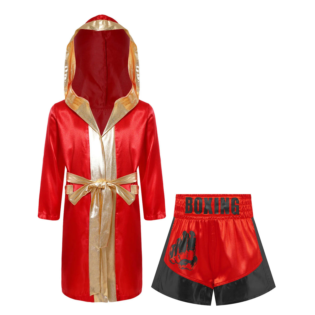 Kids Boxing Training Robe Halloween Carnival Party Boxer Cosplay Costume Long Sleeve Satin Belted Hooded Cloak Shorts Gloves