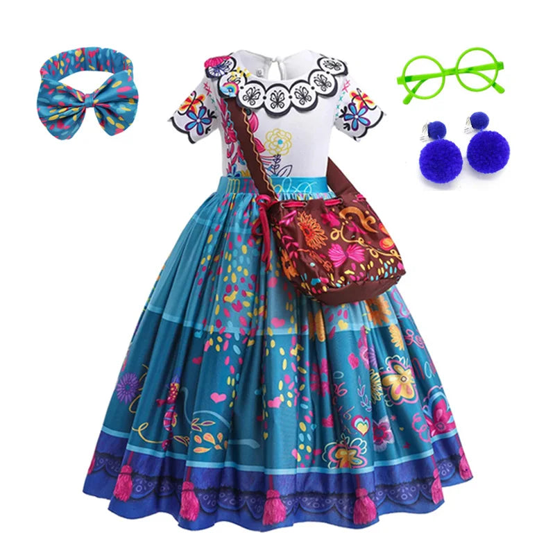 Girls Floral Print Cosplay Dress With Bag Kids Halloween Carnival Party Costume Children Birthday Evening Fancy Dress For Girls