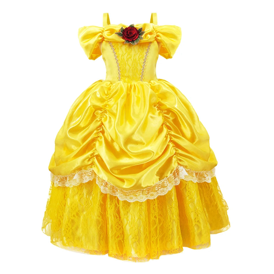 Girls Belle Princess Dress Yellow Party Dress Puff Sleeve Ruched Bodice Lace Hem Princess Gown for Kids Halloween Cosplay Party