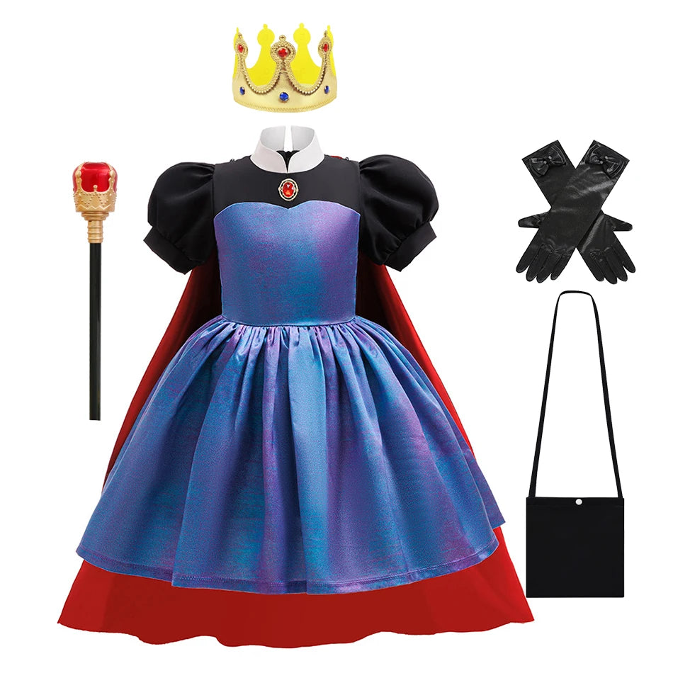 Evil Queen Girls Costume with Detachable Cape Dark Queen Role Play Outfit Kids Villain Cosplay Dress for Halloween