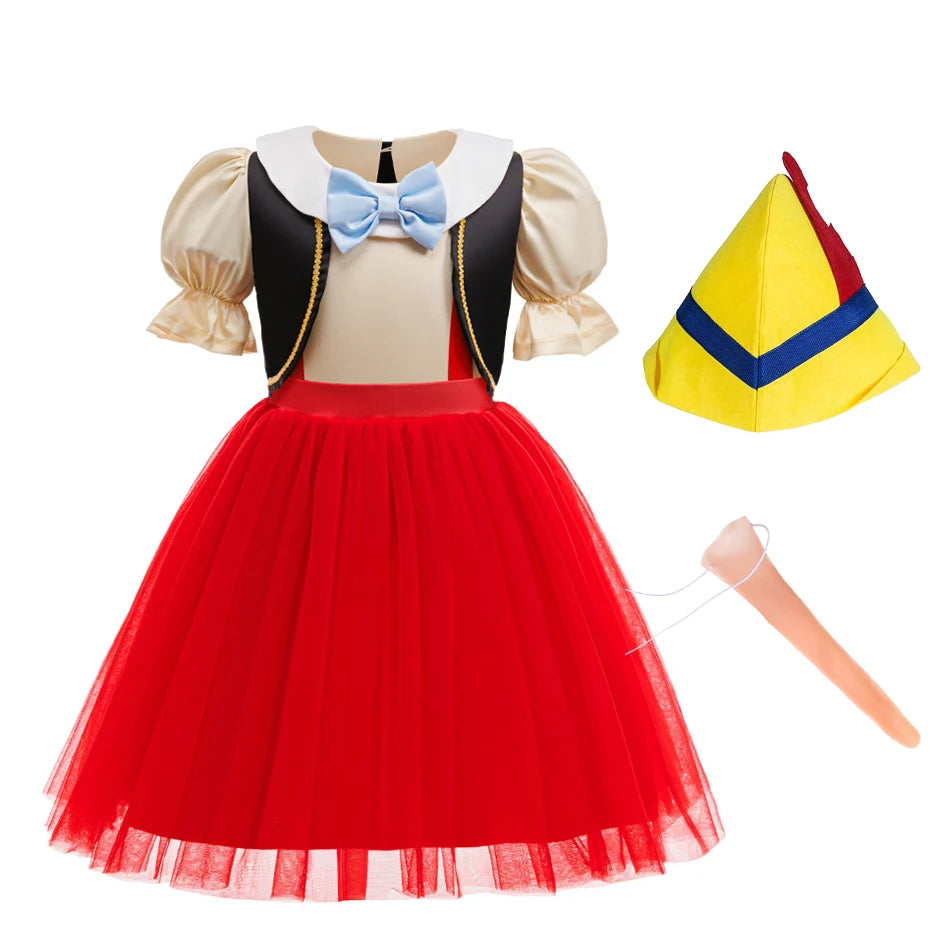 Pinocchio Costume for Boy Girl Classic Fairy Tale Cosplay Set with Hat Long Nose Gloves Fairy Tale Party Outfit for Halloween