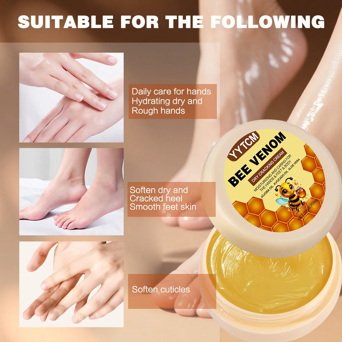 Bee Venom Dry Crack Moisturizing Cream, Hydrating & Nourishing for Autumn Winter, Smooth & Soft Skin Care, Hydrating Foot Cream