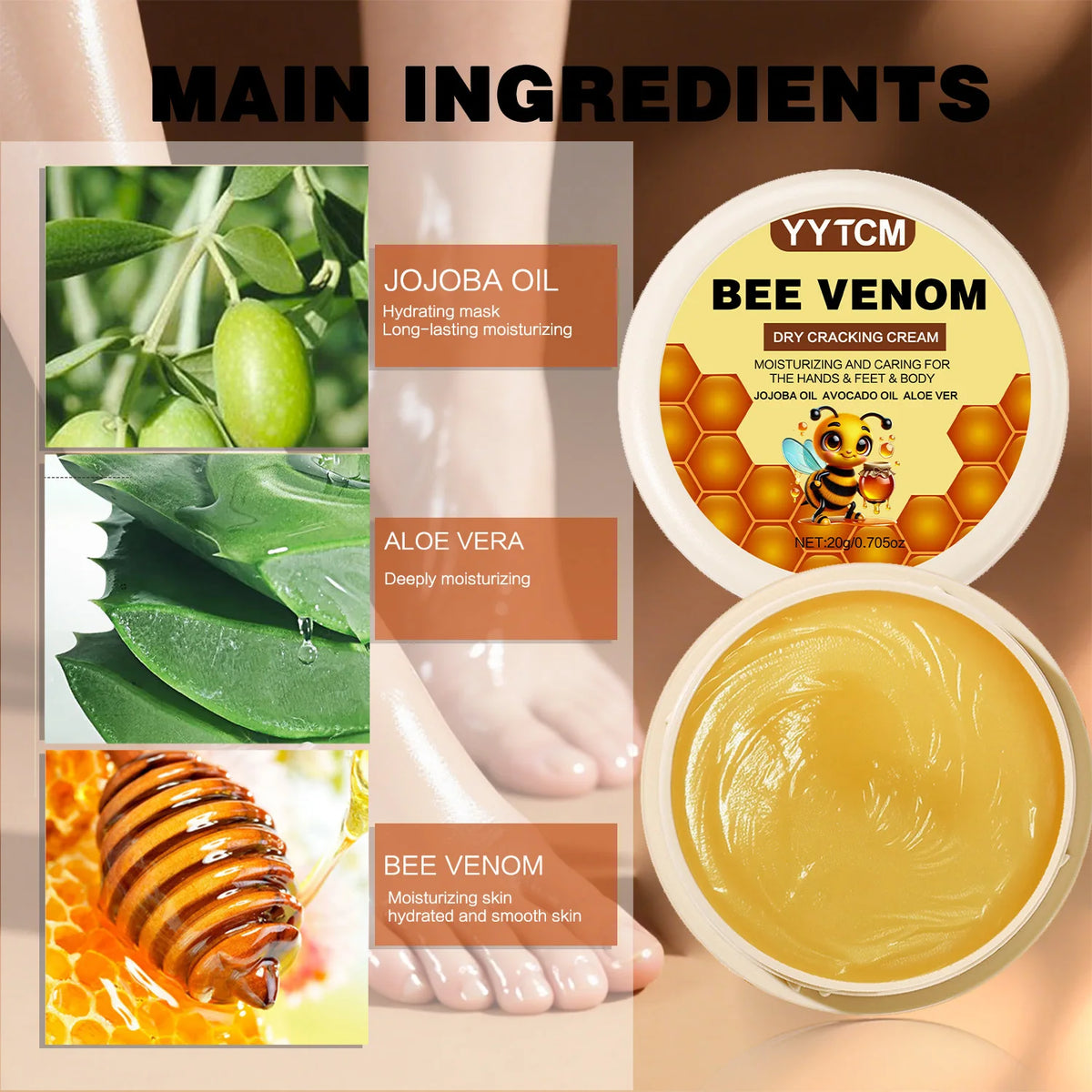 Bee Venom Dry Crack Moisturizing Cream, Hydrating & Nourishing for Autumn Winter, Smooth & Soft Skin Care, Hydrating Foot Cream