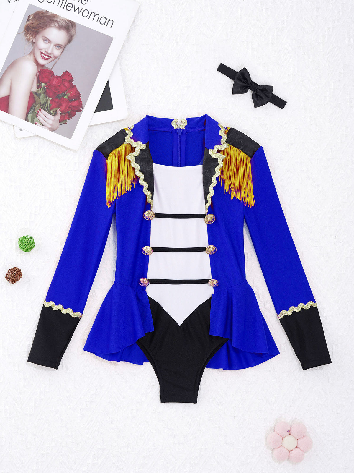 Kids Girls Circus Ringmaster Cosplay Costumes Long Sleeves Bodysuit Leotard Tassel Buttons Romper Jumpsuit for Halloween Party