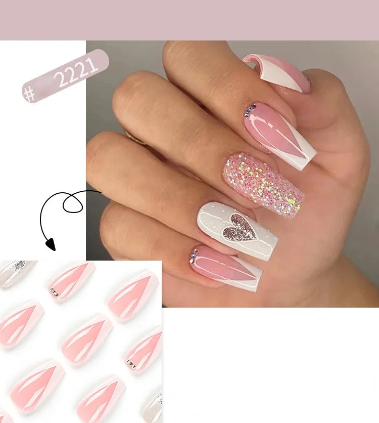 Dropshipping 24 Pcs Heart Design Romantic Art Acrylic Press on Nails Artificial Fingernails Customize Candy Nails 3136