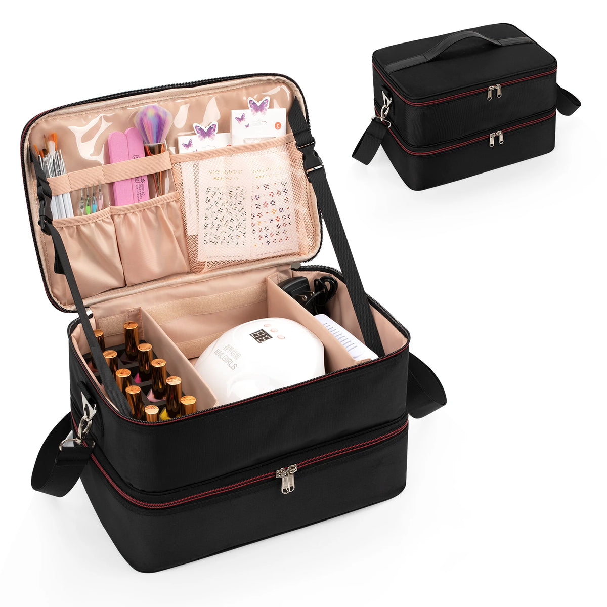 Relavel Nail Polish Organizer Case Double Layer Manicure Set Bag Nail Lamp Storage Bag Holds 40-50 Nail Polish Bottles