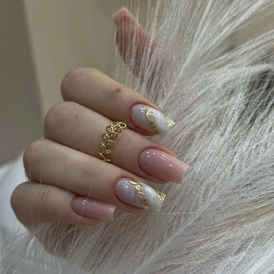 24 Pcs Pink and White Ombre with Gold Glitter Accent Nail Design Acrylic Press on Nails Artificial Fingernails False Nails 3224