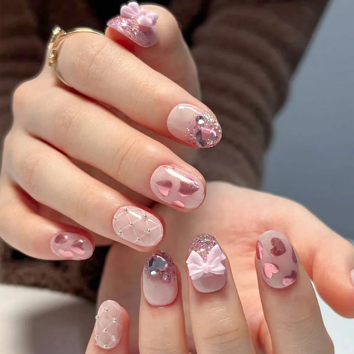 Dropshipping 24 Pcs Heart Design Romantic Art Acrylic Press on Nails Artificial Fingernails Customize Candy Nails 3136