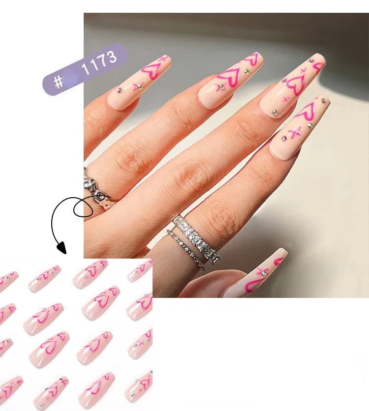 Dropshipping 24 Pcs Heart Design Romantic Art Acrylic Press on Nails Artificial Fingernails Customize Candy Nails 3136
