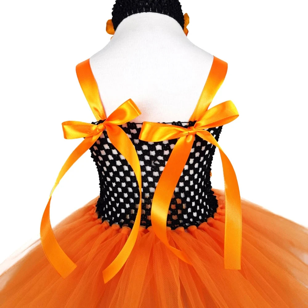 Girls Orange Flower Petals Tutu Dress Kids Black Crochet Ballet Tulle Dress with Headband Children Halloween Party Costume Dress
