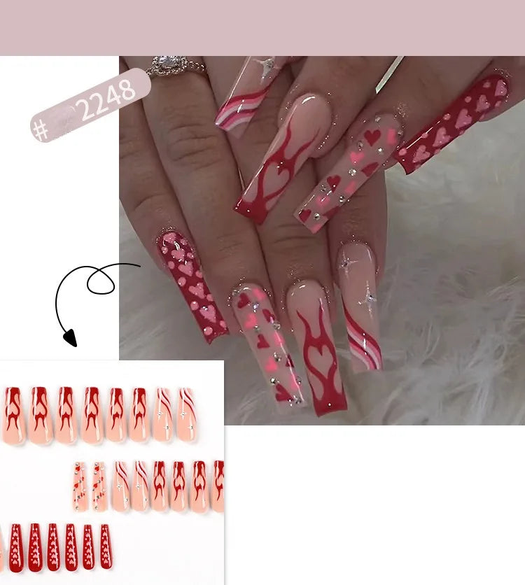 Dropshipping 24 Pcs Heart Design Romantic Art Acrylic Press on Nails Artificial Fingernails Customize Candy Nails 3136