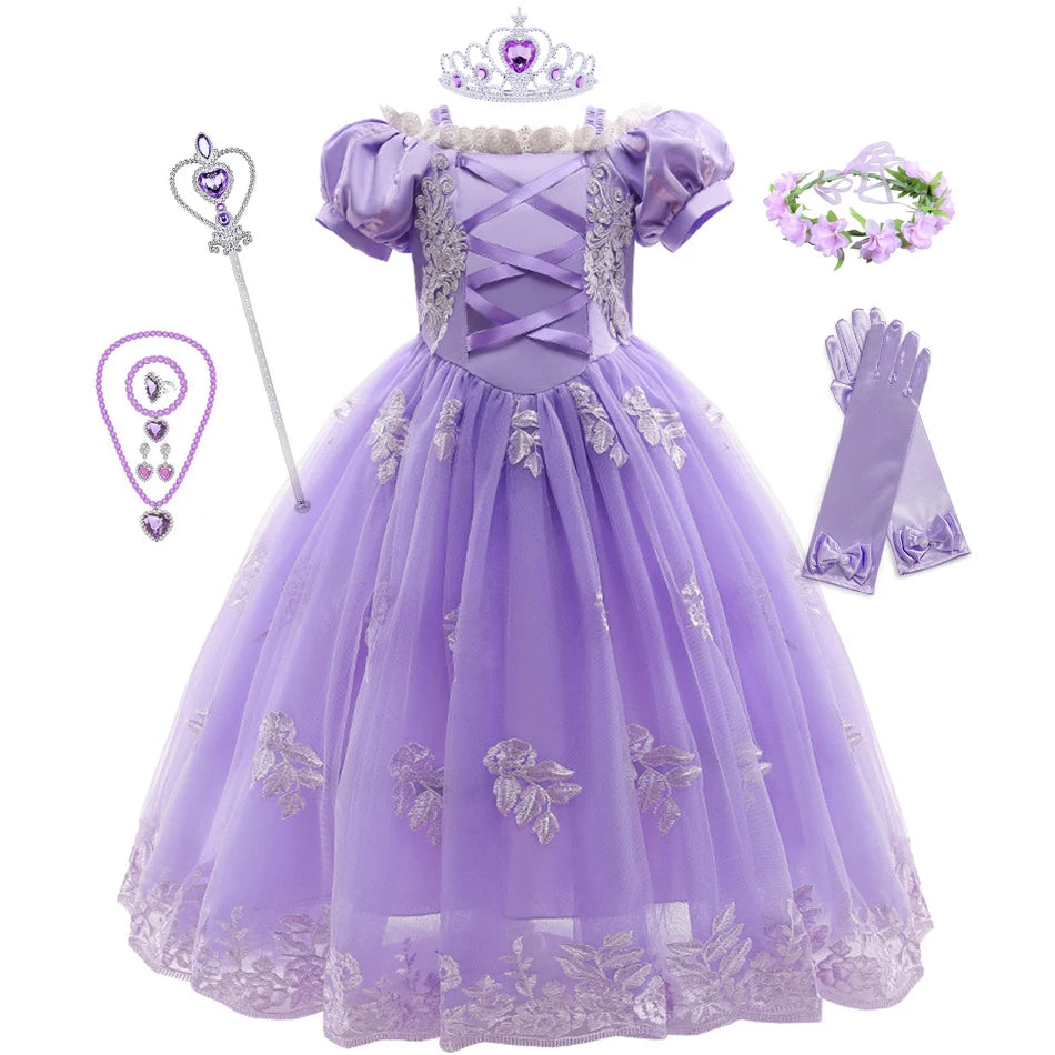 Girl Cosplay Princess Aurora Rapunzel Dress Up Kids Christmas Halloween Tulle Fancy Costume for Children Girls Birthday