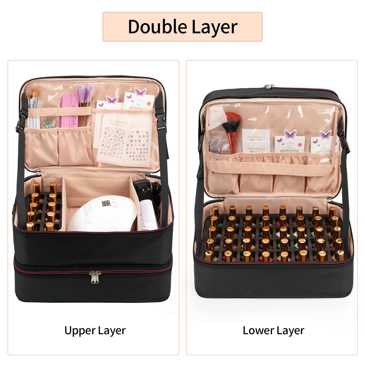 Relavel Nail Polish Organizer Case Double Layer Manicure Set Bag Nail Lamp Storage Bag Holds 40-50 Nail Polish Bottles