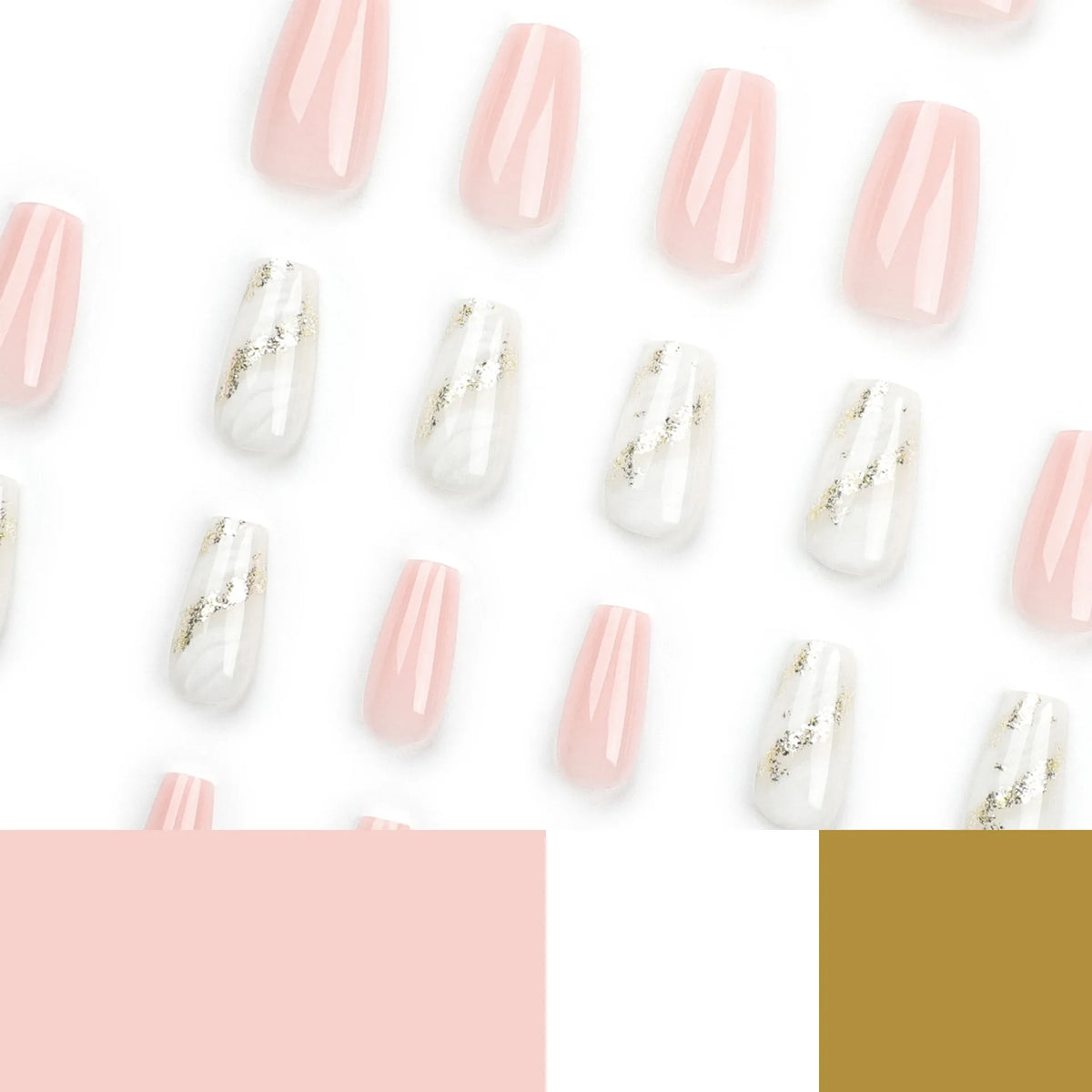 24 Pcs Pink and White Ombre with Gold Glitter Accent Nail Design Acrylic Press on Nails Artificial Fingernails False Nails 3224