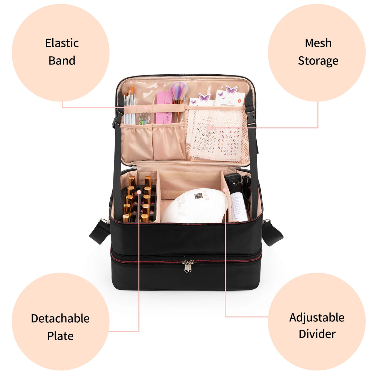 Relavel Nail Polish Organizer Case Double Layer Manicure Set Bag Nail Lamp Storage Bag Holds 40-50 Nail Polish Bottles