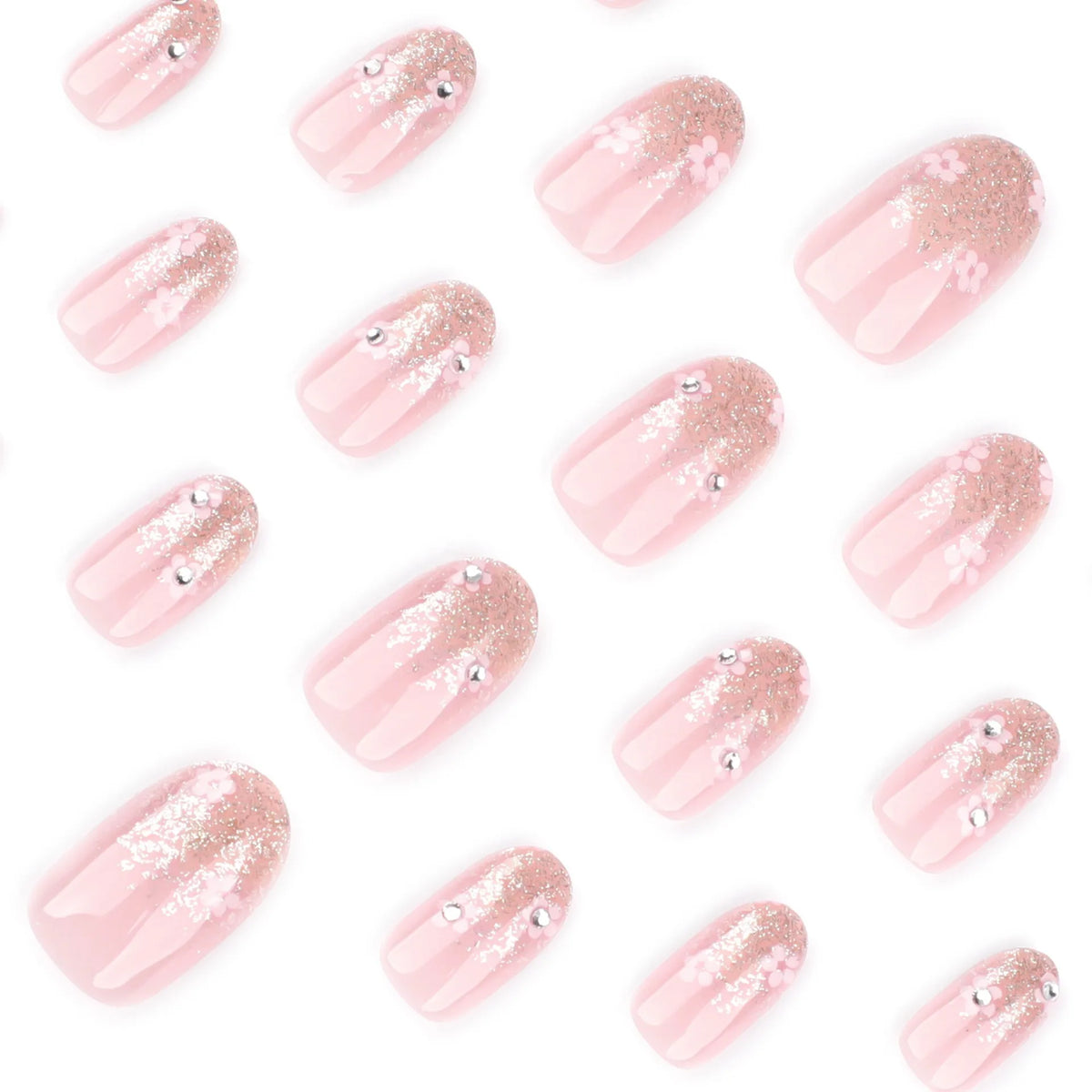 24 Pcs/set Soft Acrylic 3723 Glitter Gradient with Floral Design on Short Round Nails Press on Nails Artificial Fingernails