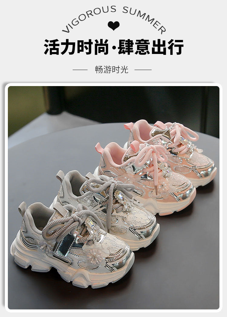 Girls' Sneakers Dad Shoes 2025 Spring New Lace Mesh Casual Shoes for Big Kids, Lightweight and Comfortable