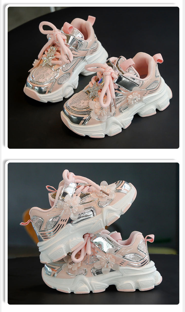 Girls' Sneakers Dad Shoes 2025 Spring New Lace Mesh Casual Shoes for Big Kids, Lightweight and Comfortable