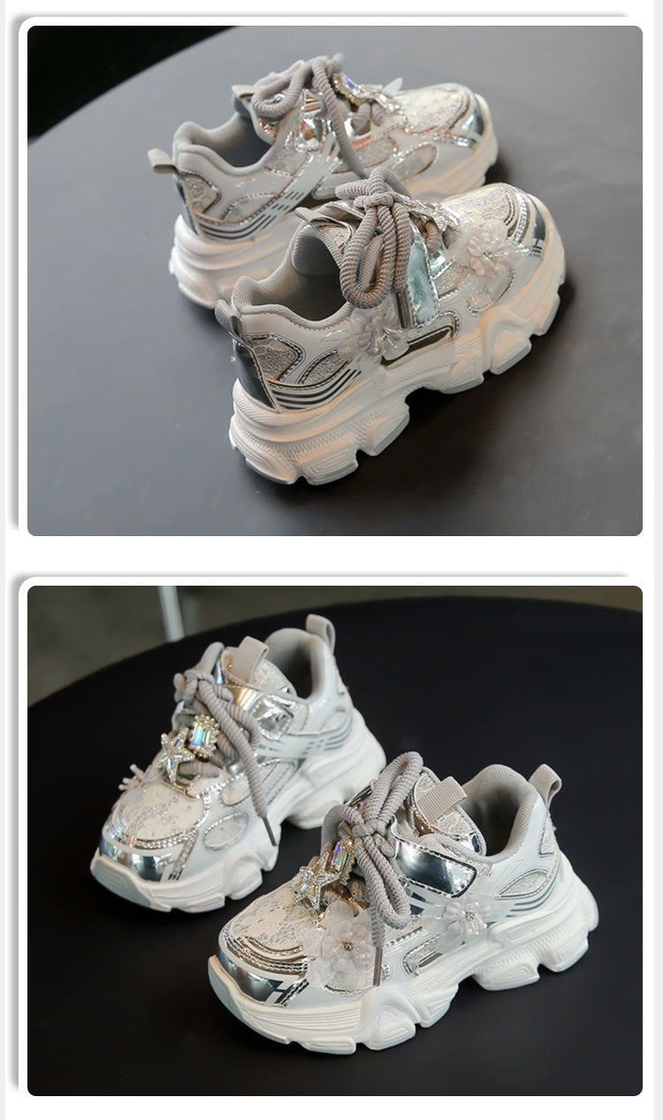 Girls' Sneakers Dad Shoes 2025 Spring New Lace Mesh Casual Shoes for Big Kids, Lightweight and Comfortable