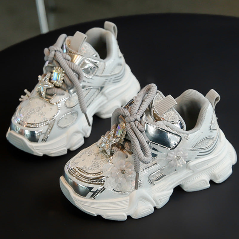 Girls' Sneakers Dad Shoes 2025 Spring New Lace Mesh Casual Shoes for Big Kids, Lightweight and Comfortable