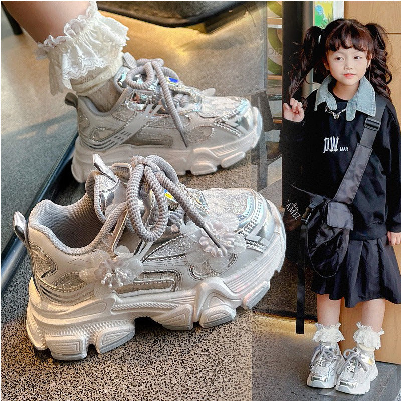 Girls' Sneakers Dad Shoes 2025 Spring New Lace Mesh Casual Shoes for Big Kids, Lightweight and Comfortable