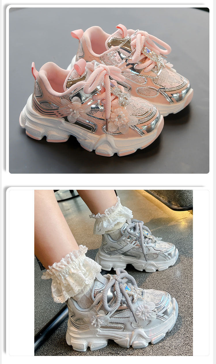 Girls' Sneakers Dad Shoes 2025 Spring New Lace Mesh Casual Shoes for Big Kids, Lightweight and Comfortable