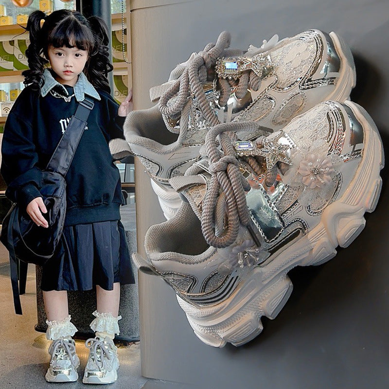 Girls' Sneakers Dad Shoes 2025 Spring New Lace Mesh Casual Shoes for Big Kids, Lightweight and Comfortable