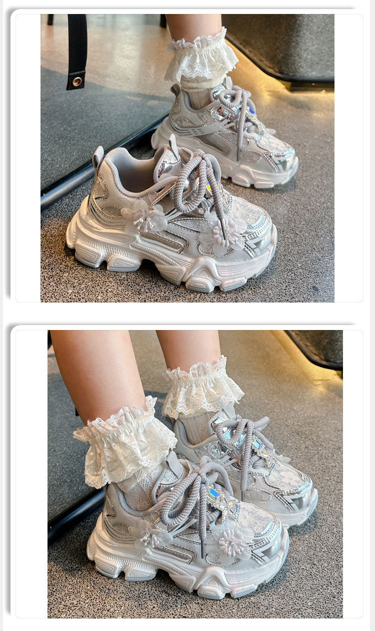 Girls' Sneakers Dad Shoes 2025 Spring New Lace Mesh Casual Shoes for Big Kids, Lightweight and Comfortable