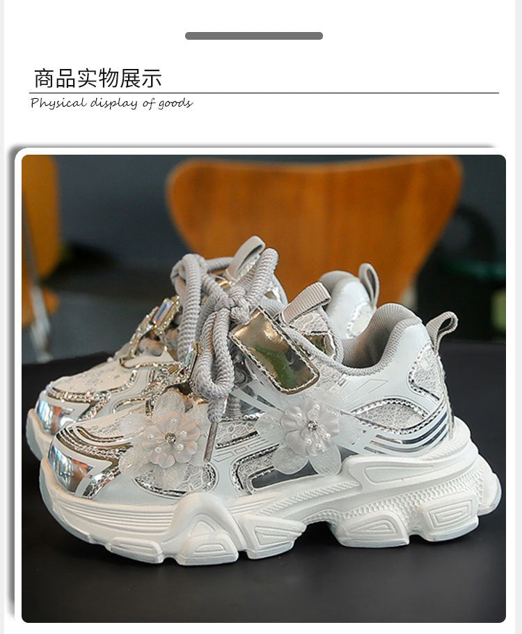 Girls' Sneakers Dad Shoes 2025 Spring New Lace Mesh Casual Shoes for Big Kids, Lightweight and Comfortable