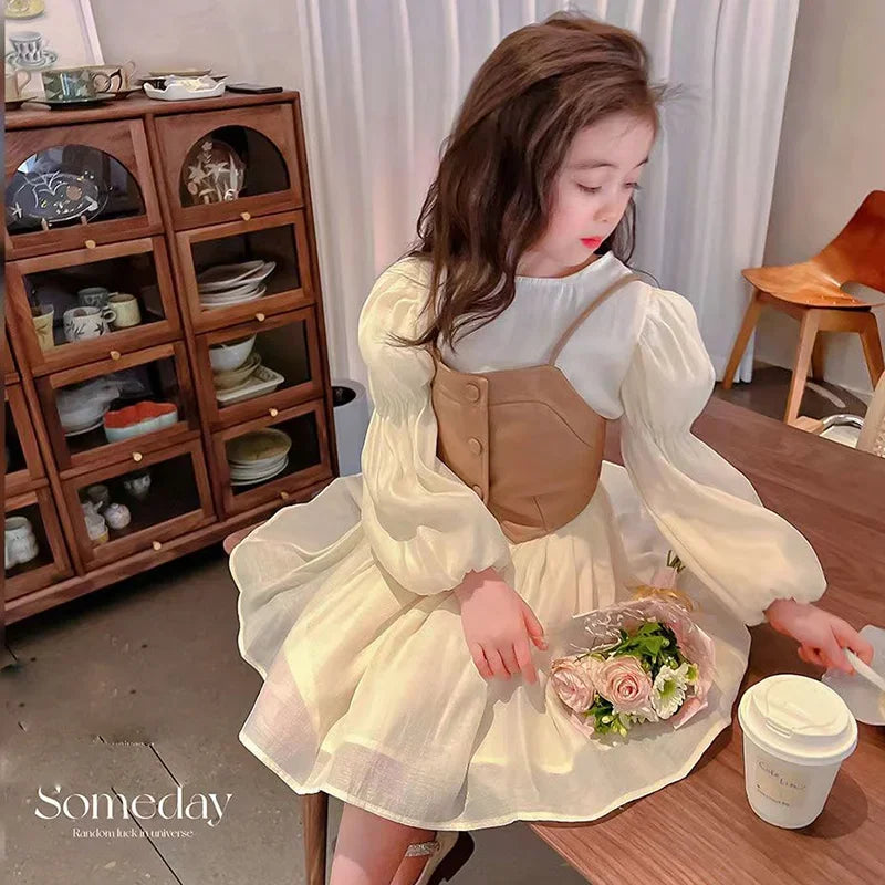 Spring Autumn Baby Suits Girl Vest + Long Sleeve Dresses 2piece Kids Cute Princess Dress Children Chiffon Vestido 2 To10T