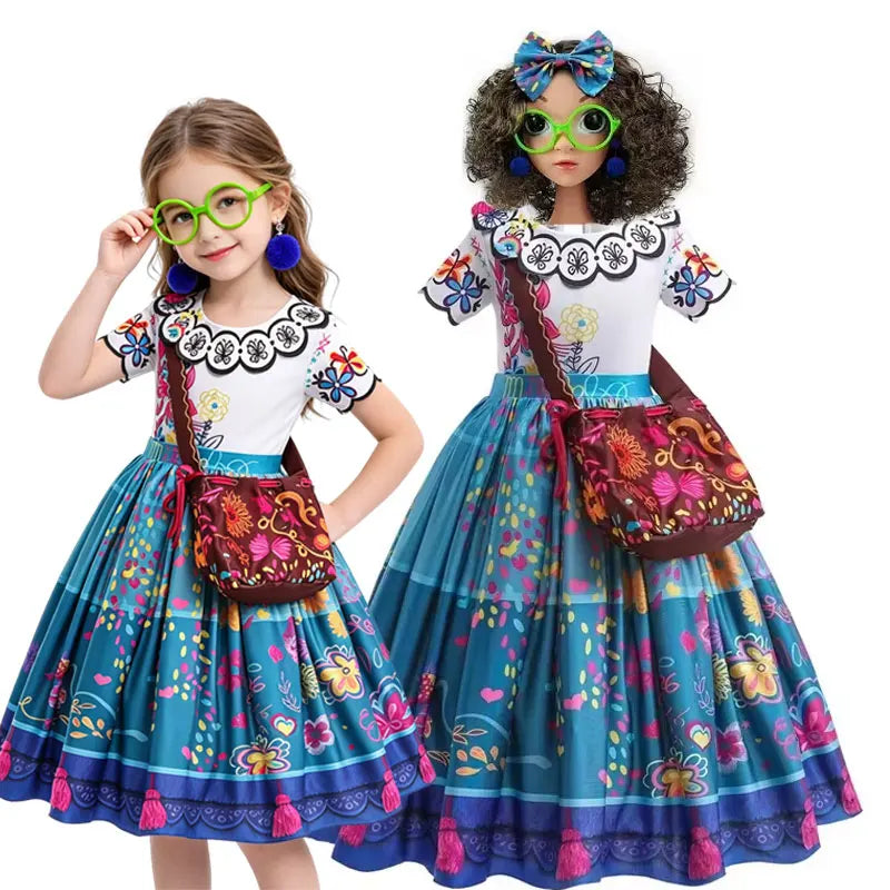 Girls Floral Print Cosplay Dress With Bag Kids Halloween Carnival Party Costume Children Birthday Evening Fancy Dress For Girls