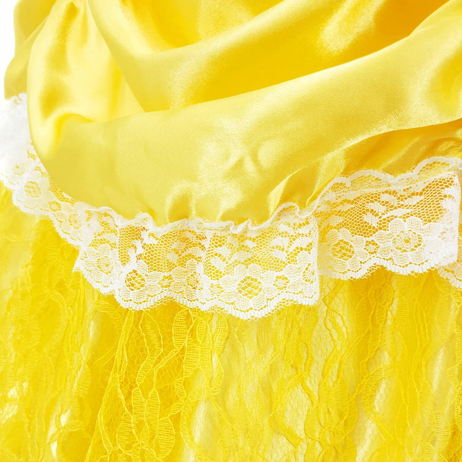 Girls Belle Princess Dress Yellow Party Dress Puff Sleeve Ruched Bodice Lace Hem Princess Gown for Kids Halloween Cosplay Party