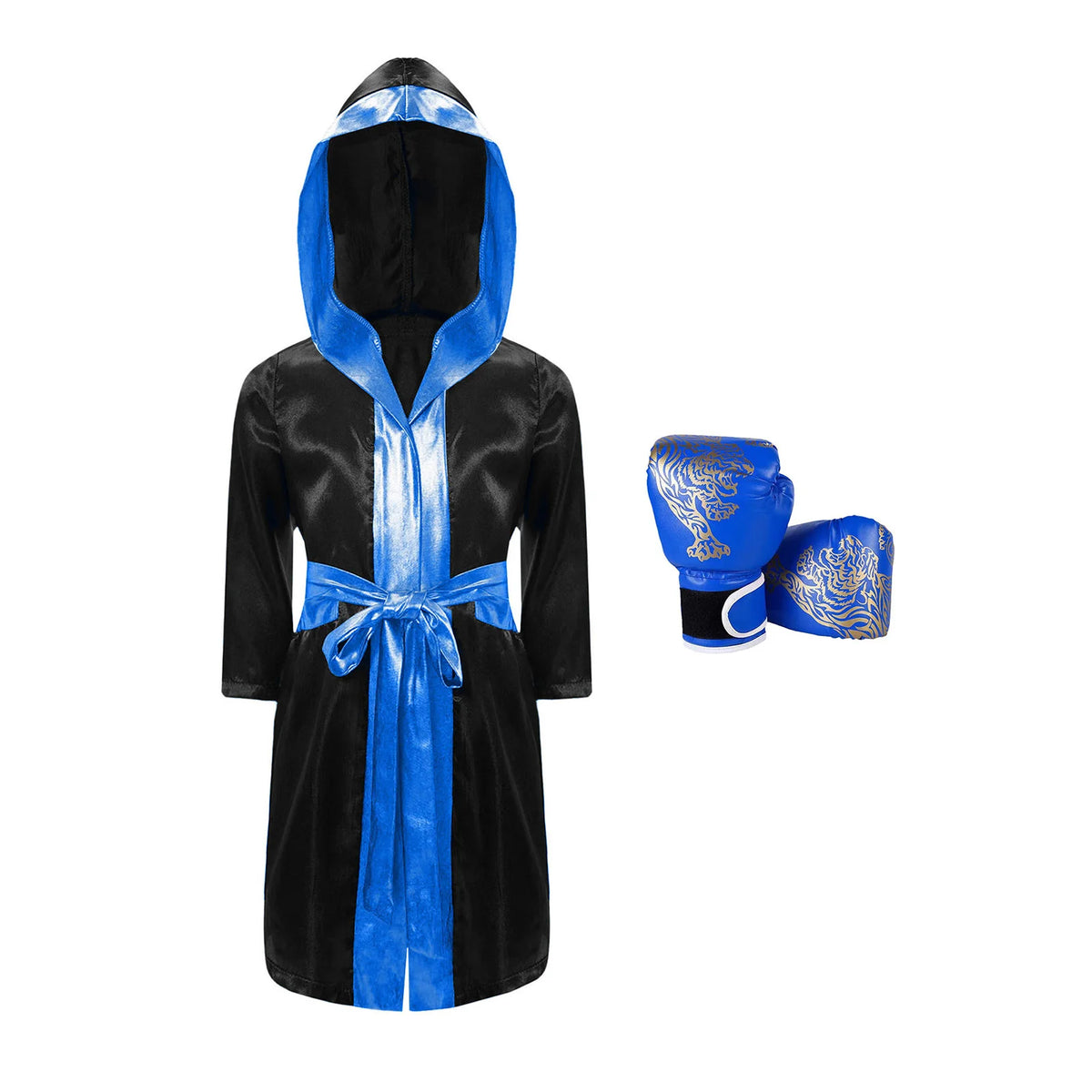 Kids Boxing Training Robe Halloween Carnival Party Boxer Cosplay Costume Long Sleeve Satin Belted Hooded Cloak Shorts Gloves