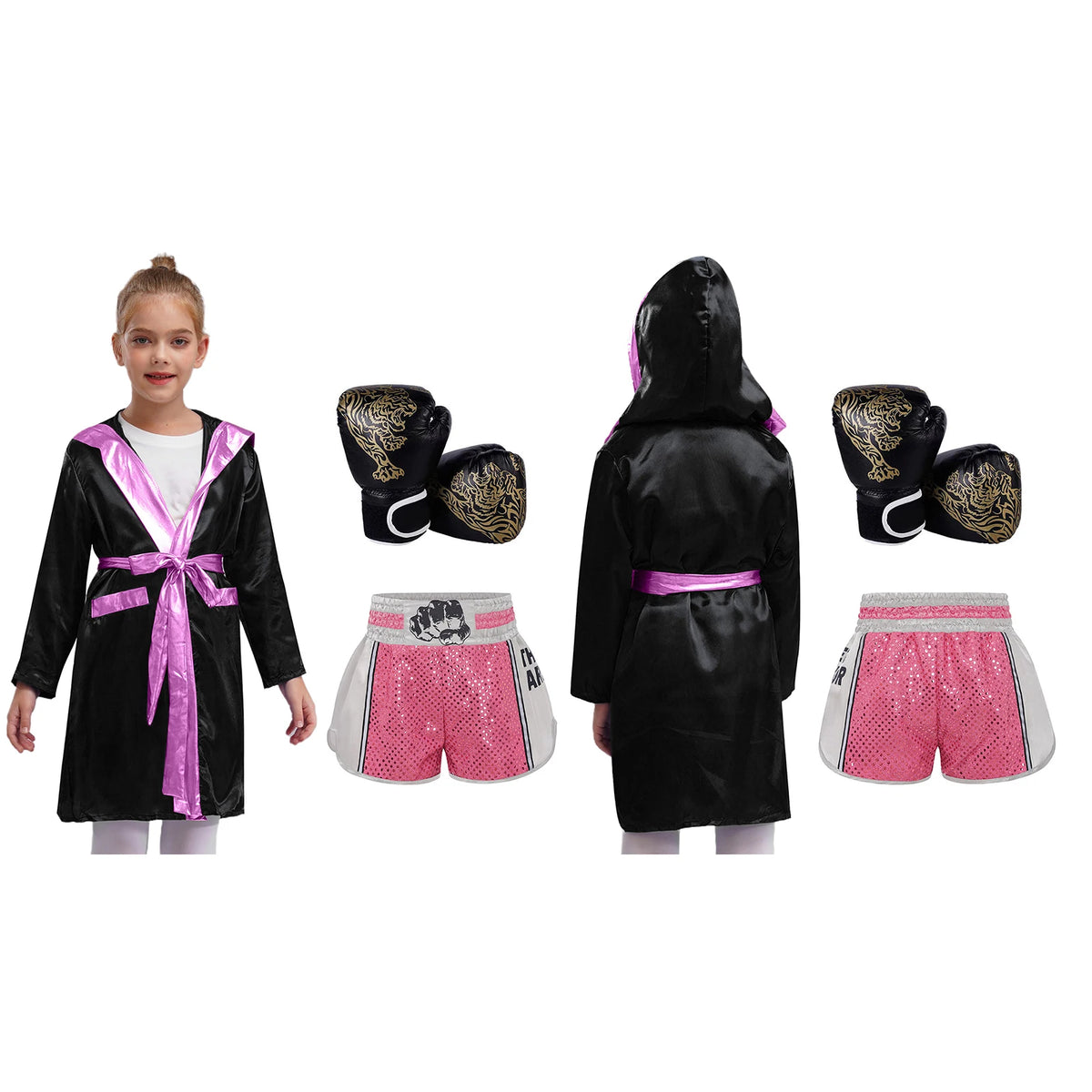 Kids Boxing Training Robe Halloween Carnival Party Boxer Cosplay Costume Long Sleeve Satin Belted Hooded Cloak Shorts Gloves
