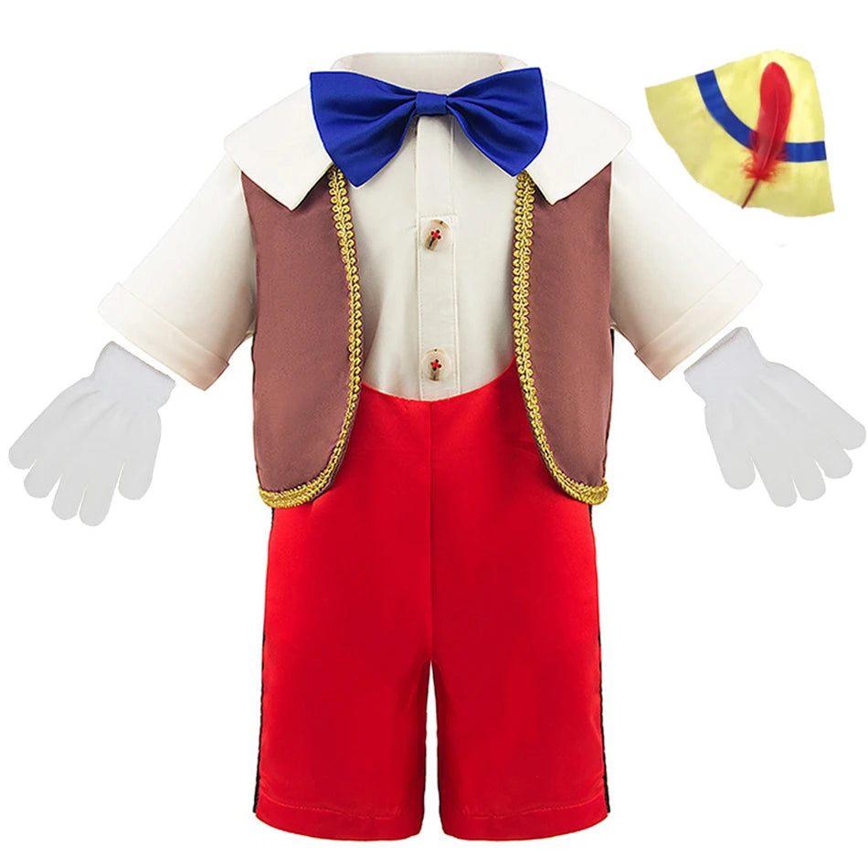 Pinocchio Costume for Boy Girl Classic Fairy Tale Cosplay Set with Hat Long Nose Gloves Fairy Tale Party Outfit for Halloween