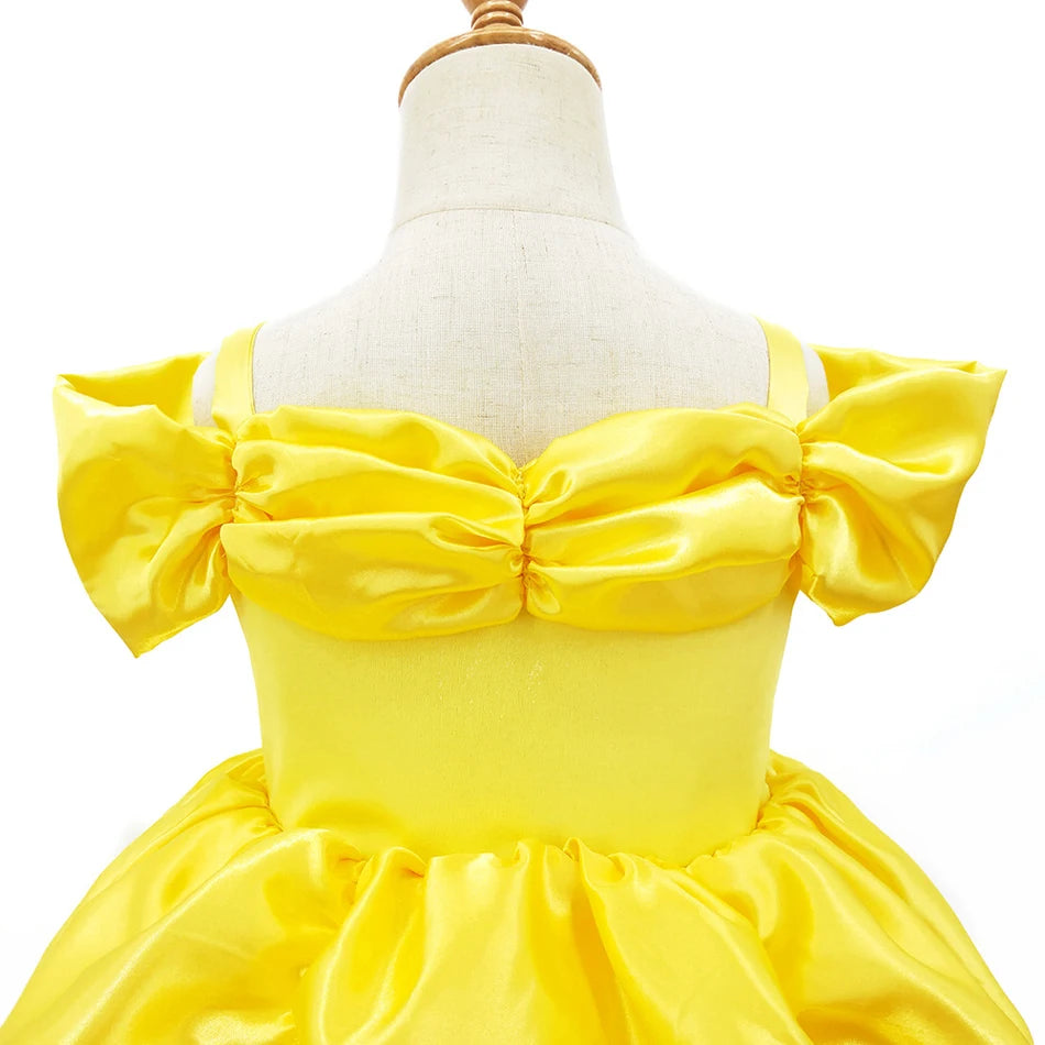 Girls Belle Princess Dress Yellow Party Dress Puff Sleeve Ruched Bodice Lace Hem Princess Gown for Kids Halloween Cosplay Party