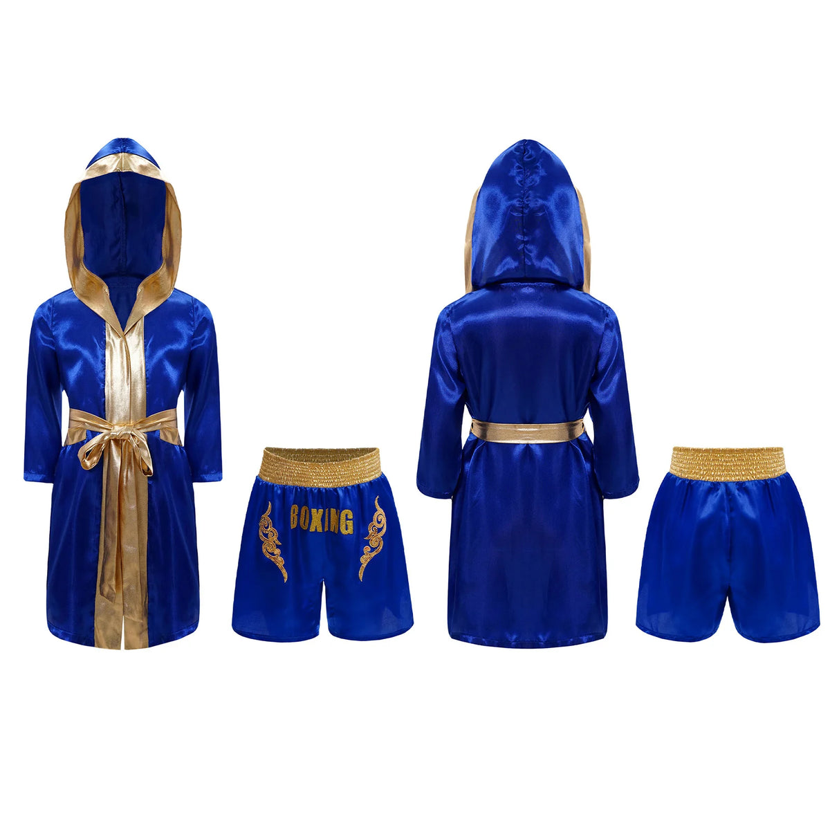 Kids Boxing Training Robe Halloween Carnival Party Boxer Cosplay Costume Long Sleeve Satin Belted Hooded Cloak Shorts Gloves