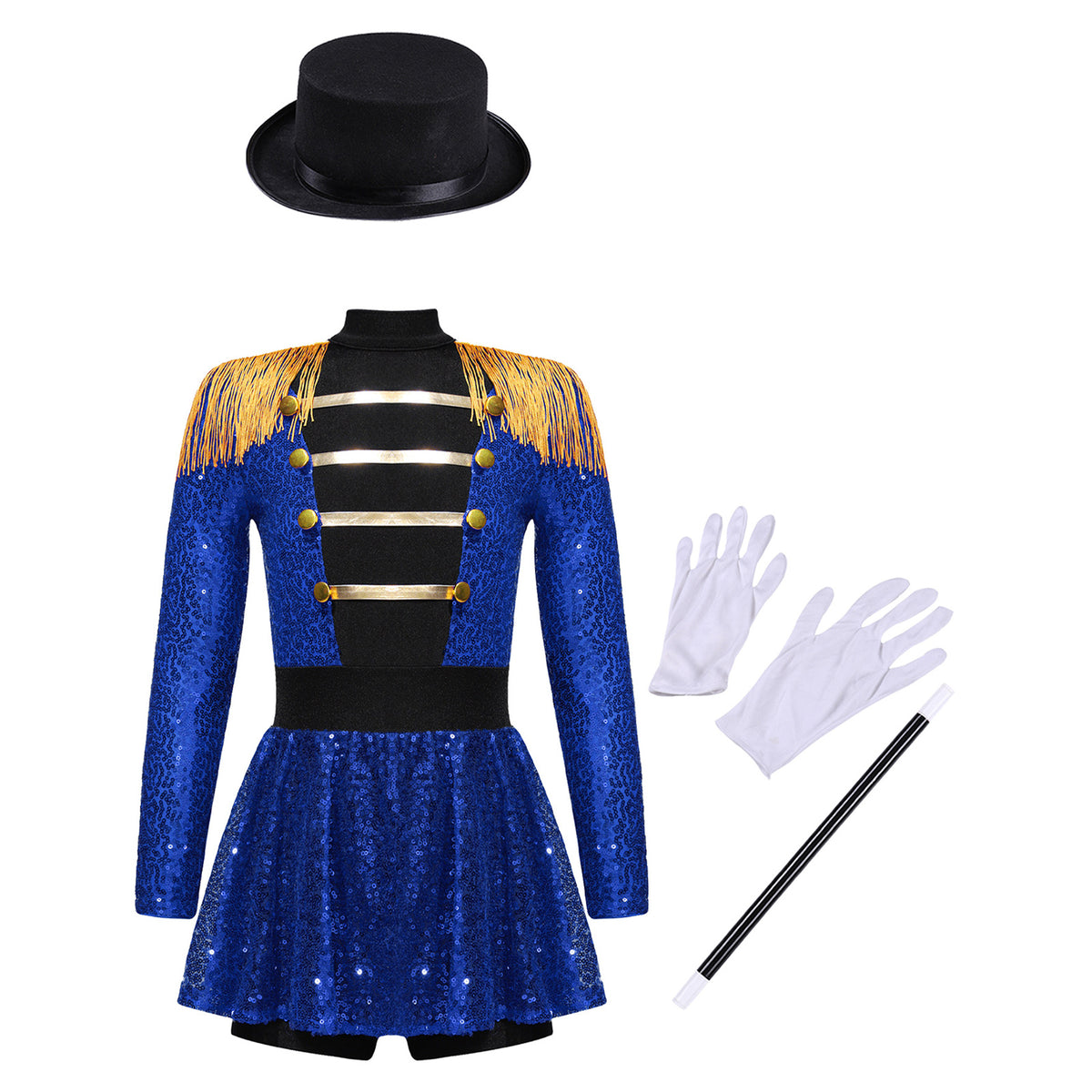 Kids Girls Halloween Circus Ringmaster Magician Costume Carnival Party Lion Tamer Cosplay Long Sleeve Sequins Leotard Dress Tutu