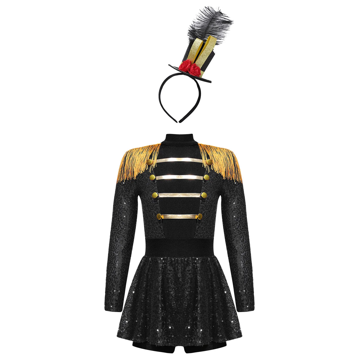 Kids Girls Halloween Circus Ringmaster Magician Costume Carnival Party Lion Tamer Cosplay Long Sleeve Sequins Leotard Dress Tutu