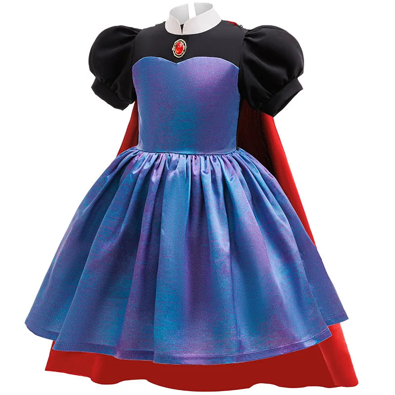 Evil Queen Girls Costume with Detachable Cape Dark Queen Role Play Outfit Kids Villain Cosplay Dress for Halloween