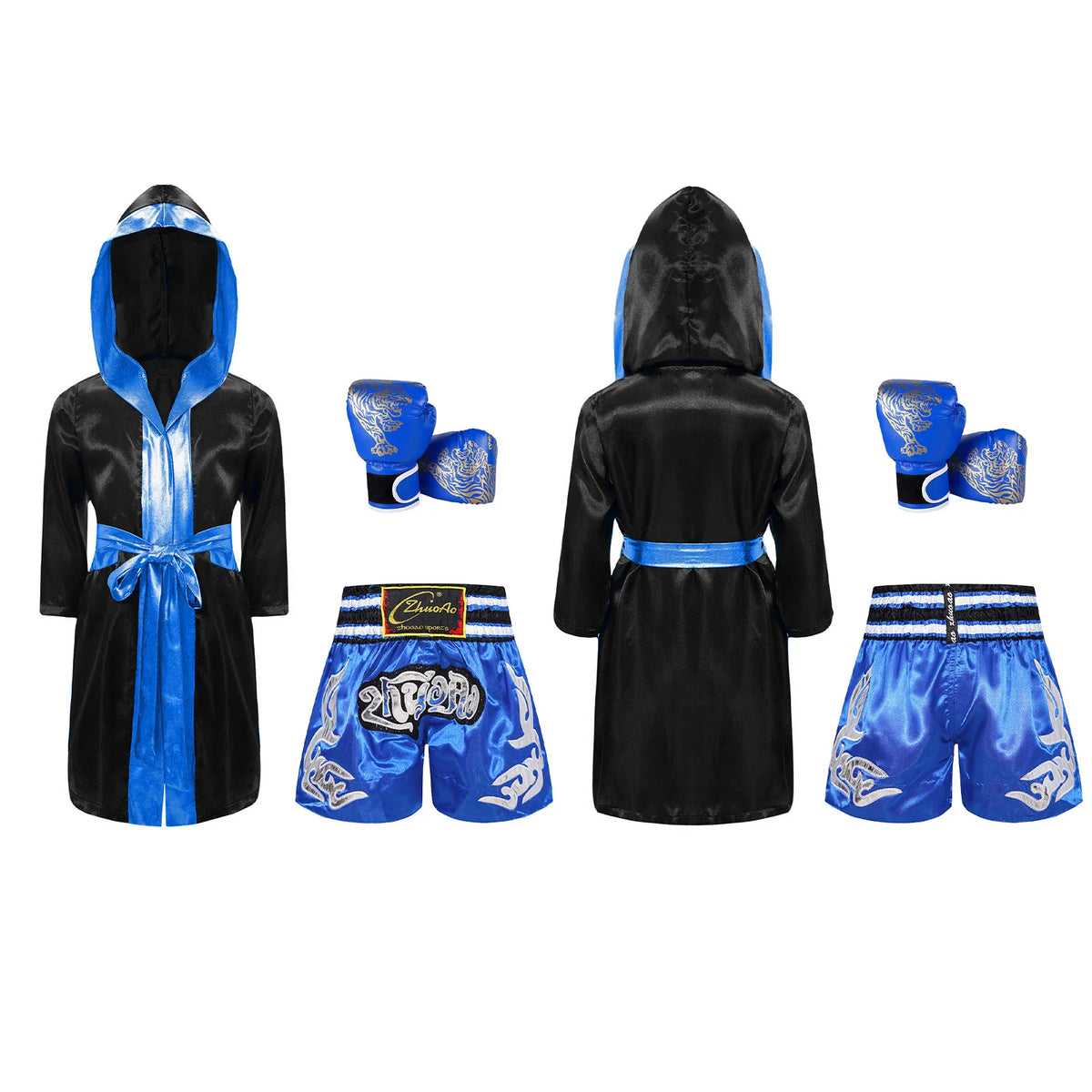 Kids Boxing Training Robe Halloween Carnival Party Boxer Cosplay Costume Long Sleeve Satin Belted Hooded Cloak Shorts Gloves