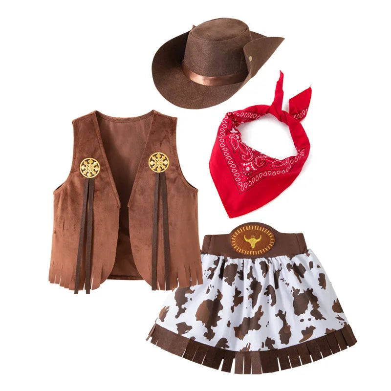 Kids Cowgirl Dress Complete Set  Western Cowboy Cowgirl Costume 4-Piece Set Christmas Play Outfit Halloween Clothes for Child