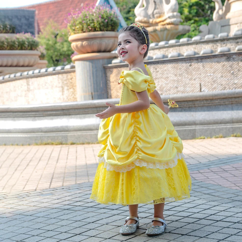 Girls Belle Princess Dress Yellow Party Dress Puff Sleeve Ruched Bodice Lace Hem Princess Gown for Kids Halloween Cosplay Party