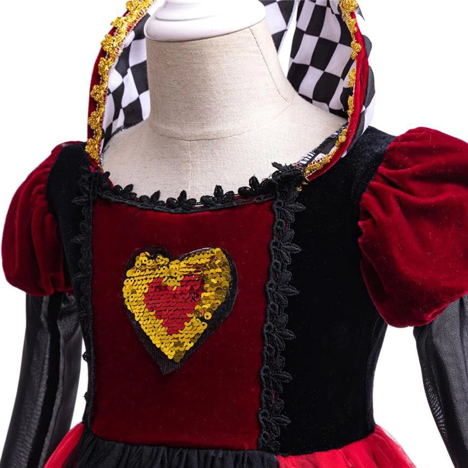 Girls Queen of Hearts Cosplay Dress Black White Checkered Skirt with Red Tulle Kids Halloween Costume Theme Party Outfit