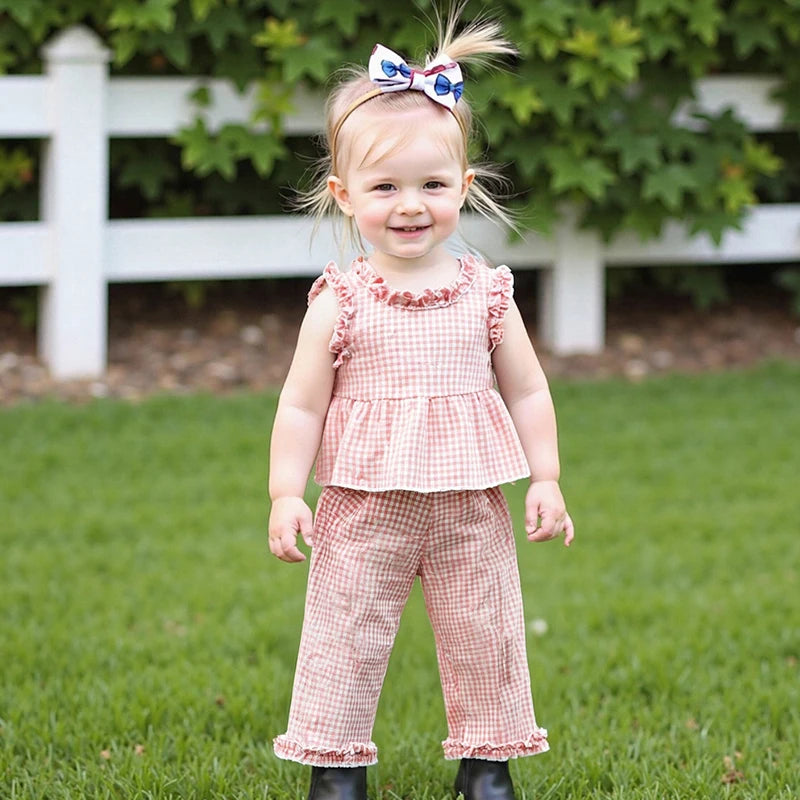 Toddler Infant Baby Girl Summer Fall Outfit Plaid Gingham Ruffle Sleeveless Tank Tops Long Pants Set 2Pcs Clothes