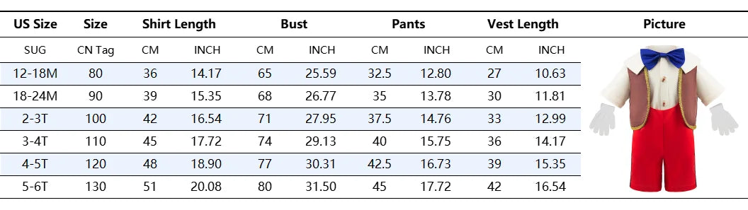 Pinocchio Costume for Boy Girl Classic Fairy Tale Cosplay Set with Hat Long Nose Gloves Fairy Tale Party Outfit for Halloween