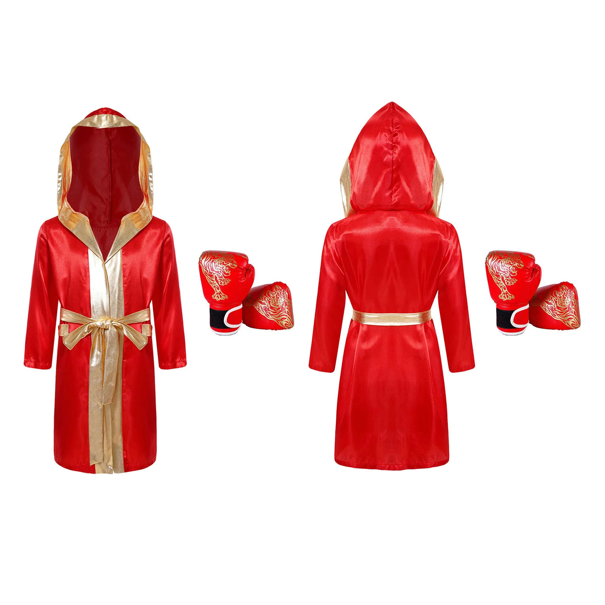 Kids Boxing Training Robe Halloween Carnival Party Boxer Cosplay Costume Long Sleeve Satin Belted Hooded Cloak Shorts Gloves