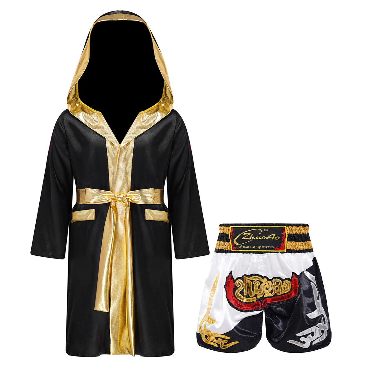 Kids Boxing Training Robe Halloween Carnival Party Boxer Cosplay Costume Long Sleeve Satin Belted Hooded Cloak Shorts Gloves