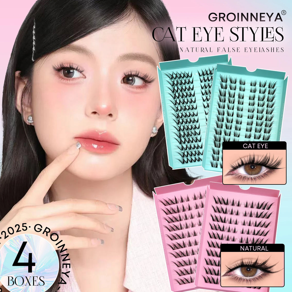 GROINNEYA Cat Eye Lashes DIY Lash Clusters Extension Manga Cluster Eyelashes Soft Cross Mixed Tray Natural False Lashes Makeup